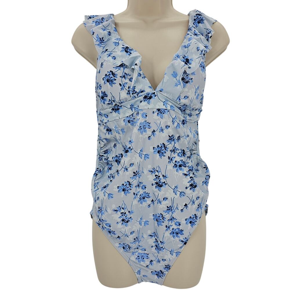 A Pea In The Pod Womans size S Maternity One piece Ruffle Swimsuit Blue NEW